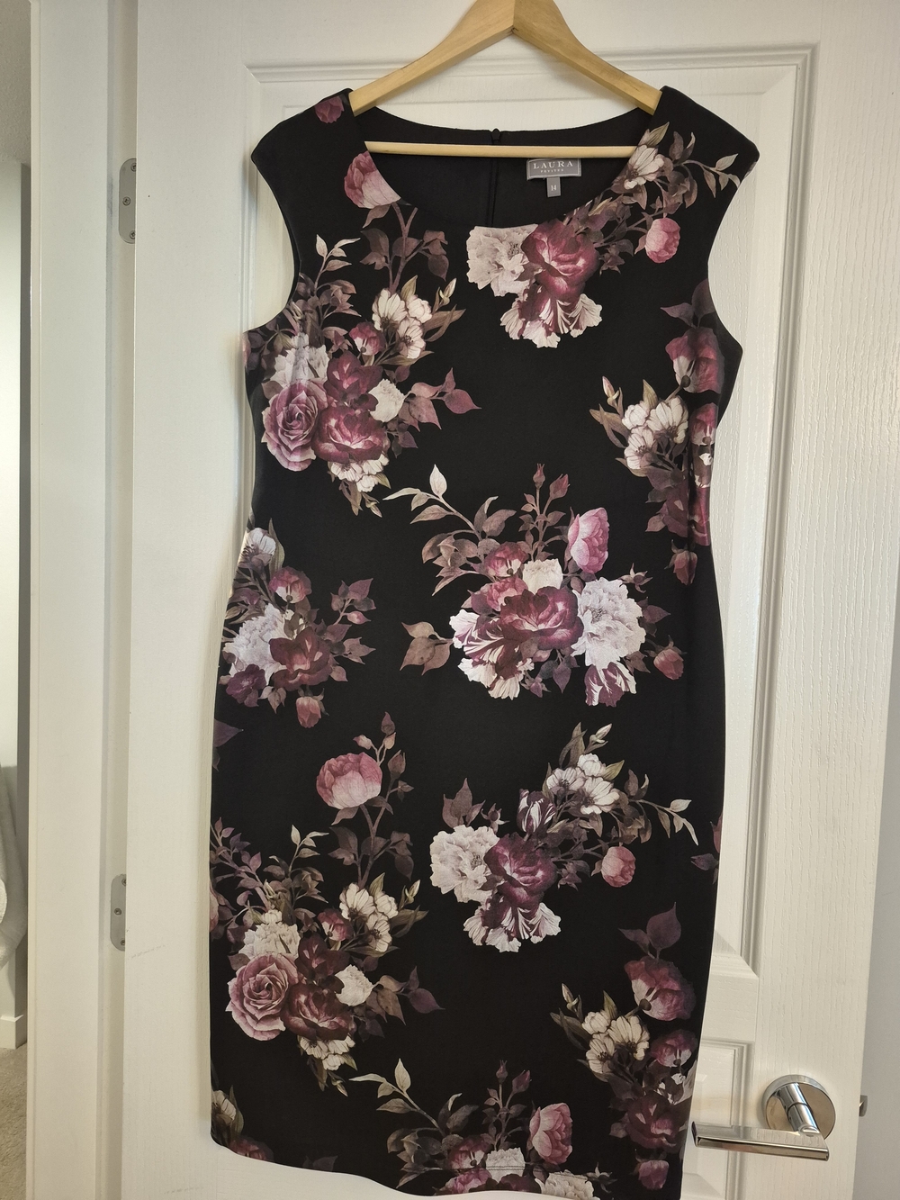 Laura Scott Black Floral Sheath Dress with Pink & Cream Blooms